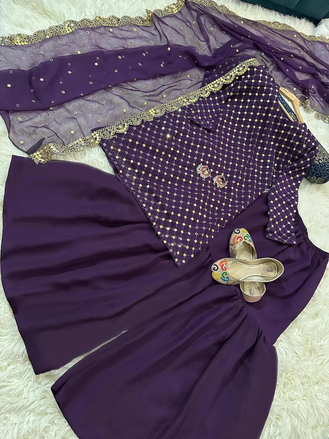 Embroidered chiffon 3-piece suit for women with 9MM sequins work, cut-work chiffon dupatta, and Shamoz silk gharara in multiple colors.
