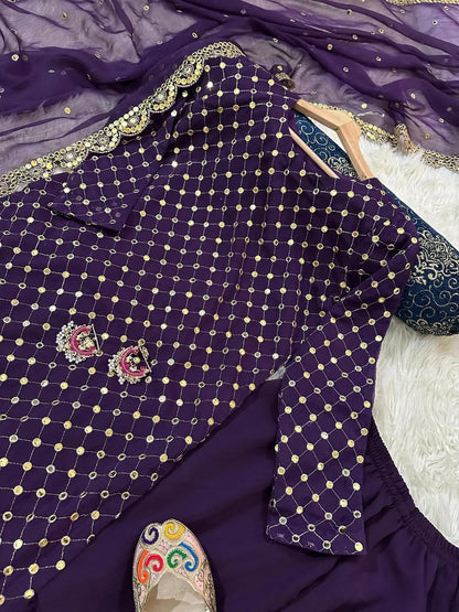 Embroidered chiffon 3-piece suit for women with 9MM sequins work, cut-work chiffon dupatta, and Shamoz silk gharara in multiple colors.