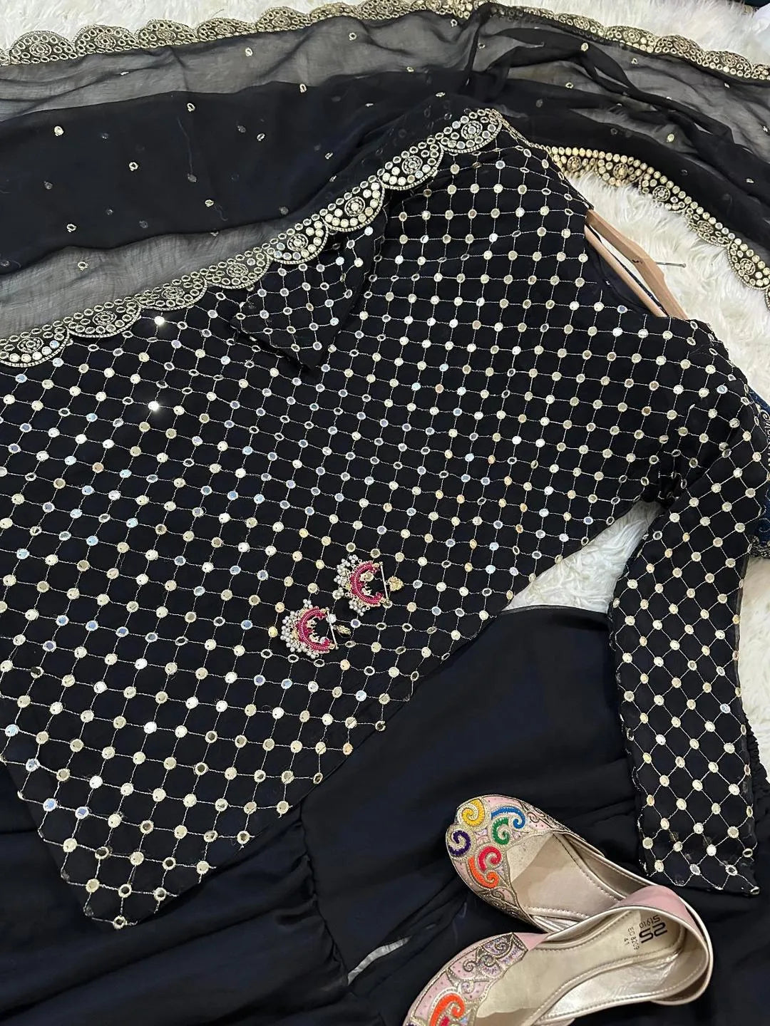 Embroidered chiffon 3-piece suit for women with 9MM sequins work, cut-work chiffon dupatta, and Shamoz silk gharara in multiple colors.