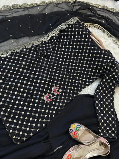 Embroidered chiffon 3-piece suit for women with 9MM sequins work, cut-work chiffon dupatta, and Shamoz silk gharara in multiple colors.