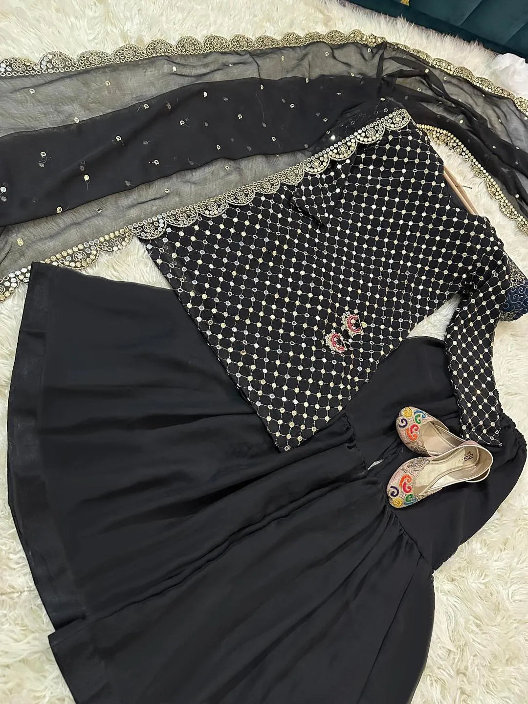 Embroidered chiffon 3-piece suit for women with 9MM sequins work, cut-work chiffon dupatta, and Shamoz silk gharara in multiple colors.