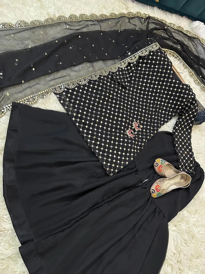 Embroidered chiffon 3-piece suit for women with 9MM sequins work, cut-work chiffon dupatta, and Shamoz silk gharara in multiple colors.