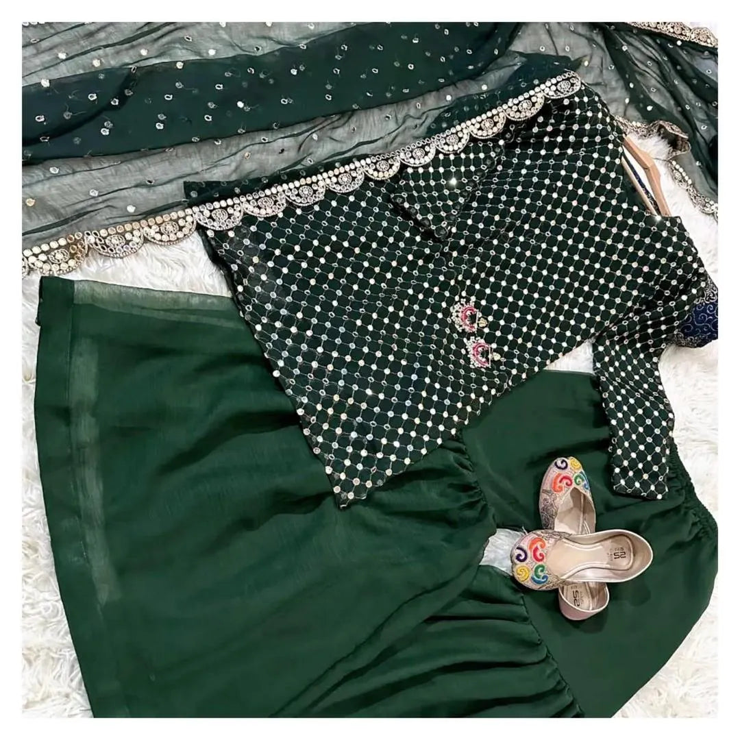 Embroidered chiffon 3-piece suit for women with 9MM sequins work, cut-work chiffon dupatta, and Shamoz silk gharara in multiple colors.