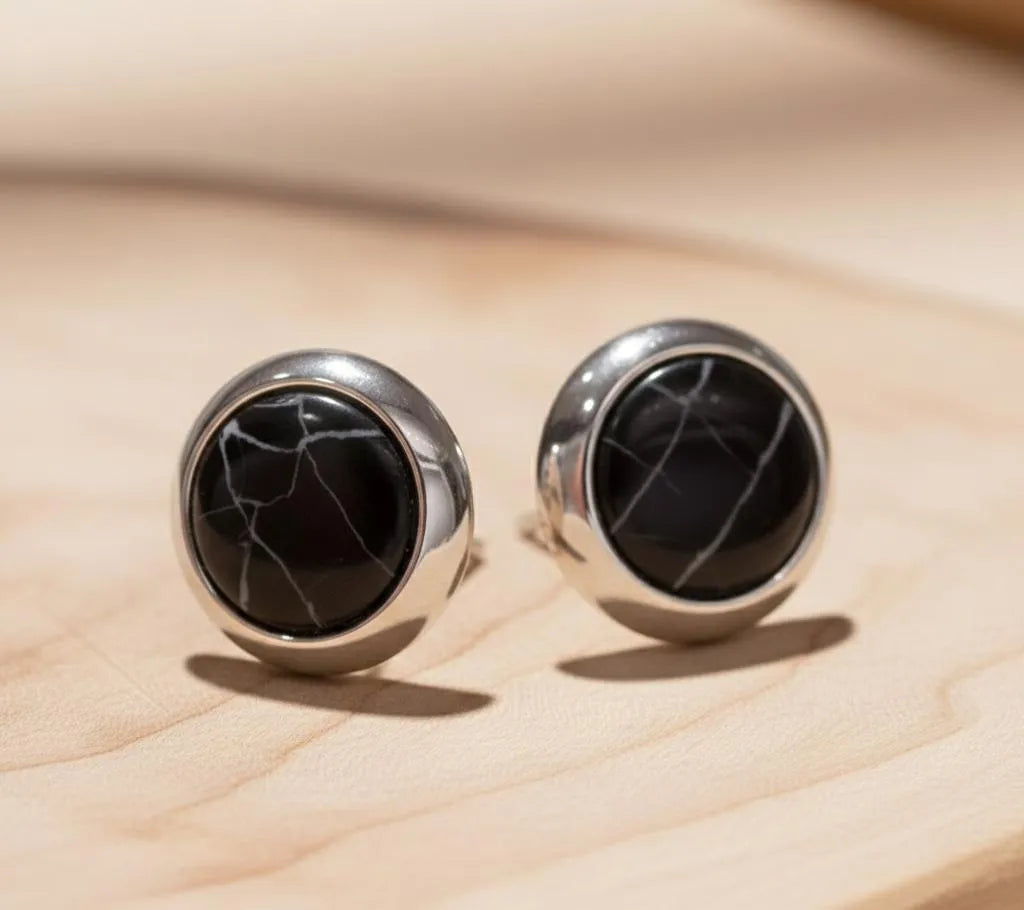 Elegant Korean white marble circle earrings with a gold-tone alloy frame, perfect for weddings, office wear, and festive occasions in Pakistan.