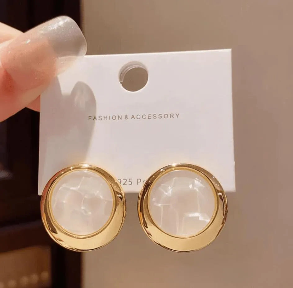 Elegant Korean white marble circle earrings with a gold-tone alloy frame, perfect for weddings, office wear, and festive occasions in Pakistan.