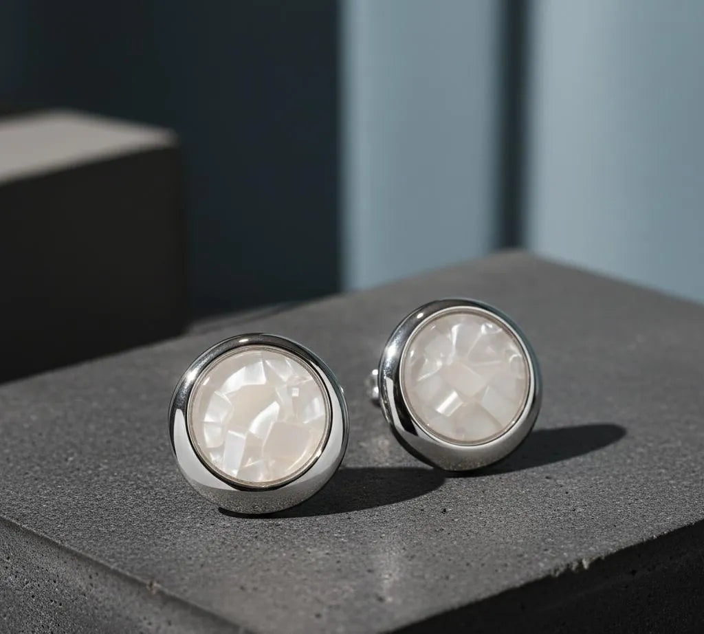 Elegant Korean white marble circle earrings with a gold-tone alloy frame, perfect for weddings, office wear, and festive occasions in Pakistan.