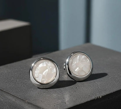 Elegant Korean white marble circle earrings with a gold-tone alloy frame, perfect for weddings, office wear, and festive occasions in Pakistan.