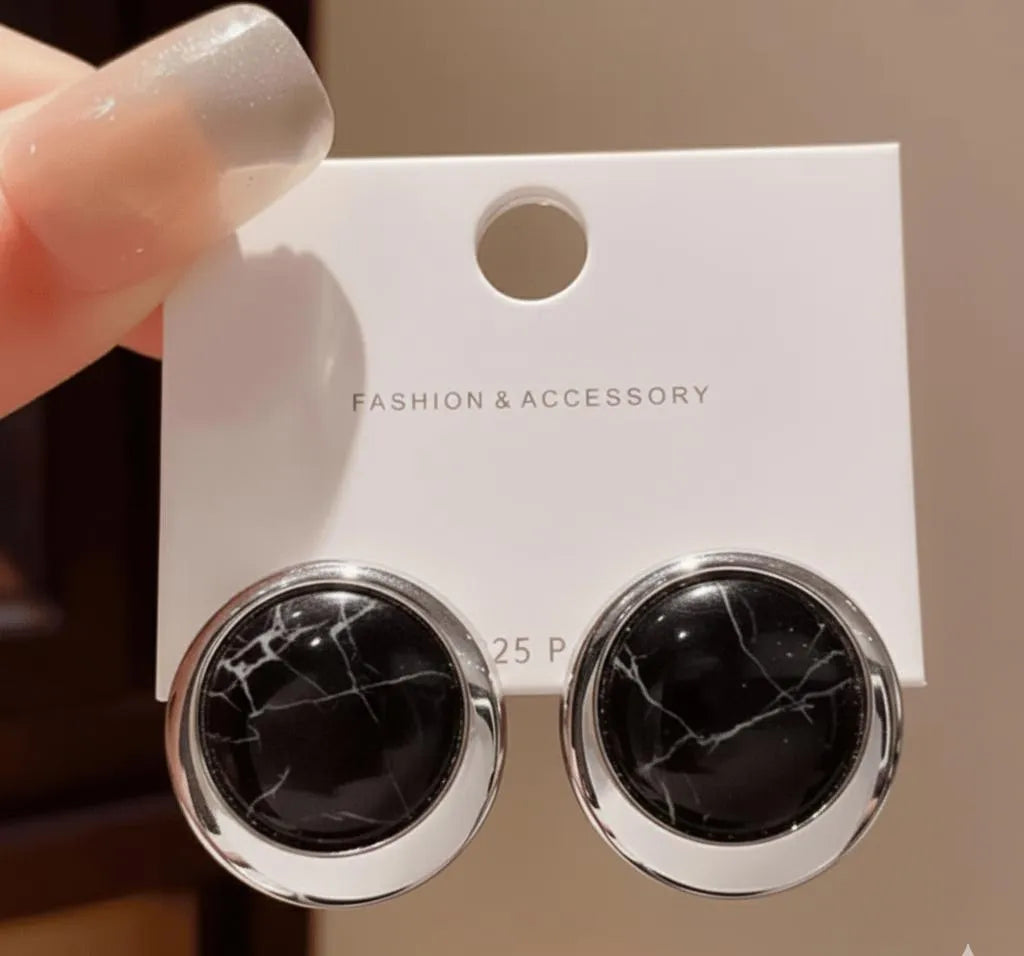 Elegant Korean white marble circle earrings with a gold-tone alloy frame, perfect for weddings, office wear, and festive occasions in Pakistan.