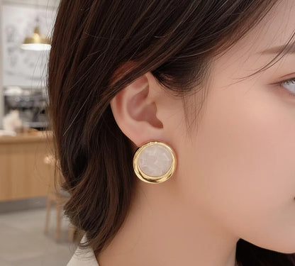 Elegant Korean white marble circle earrings with a gold-tone alloy frame, perfect for weddings, office wear, and festive occasions in Pakistan.