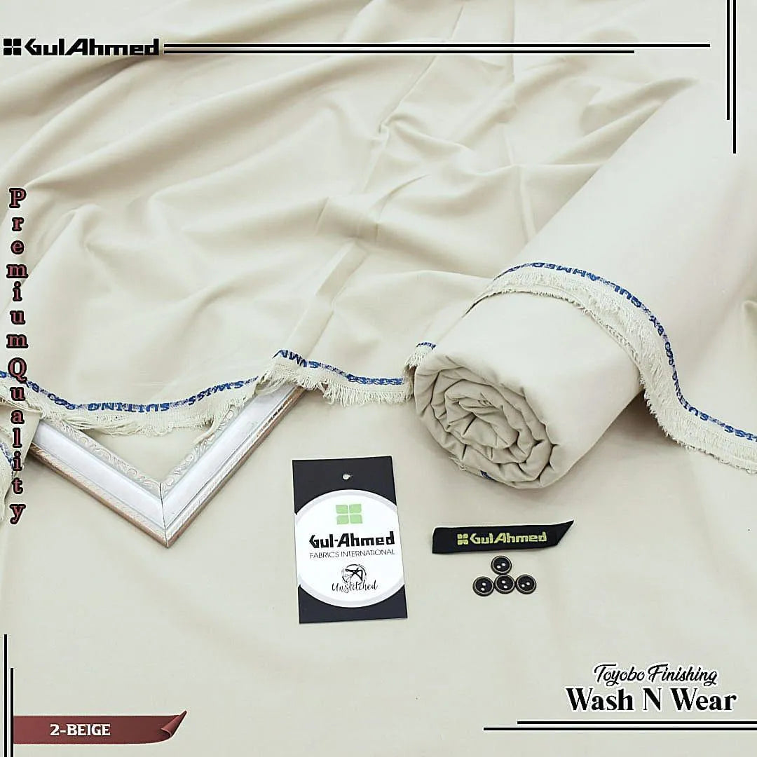 Off-white unstitched wash and wear suit for men with premium wrinkle-free fabric and original brand packaging for formal events.