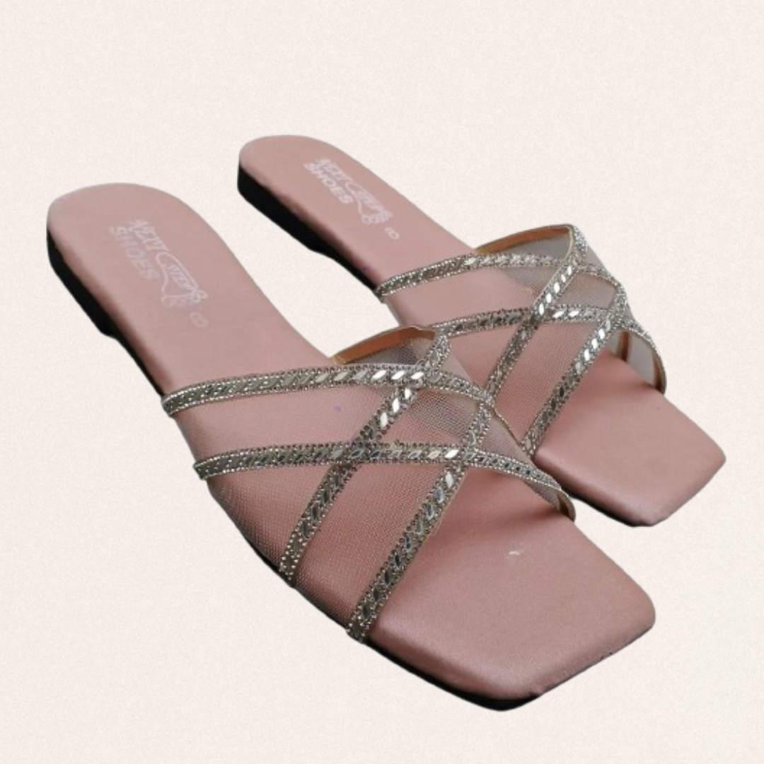 Pink satin fancy flats for women with sparkling rhinestone straps and non-slip sole for festive wedding wear.