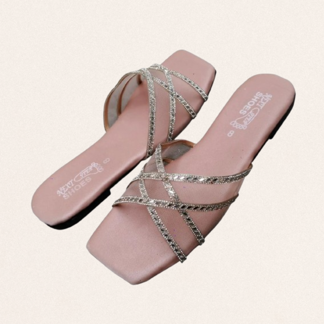 Pink satin fancy flats for women with sparkling rhinestone straps and non-slip sole for festive wedding wear.