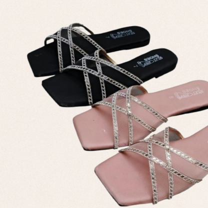 Pink satin fancy flats for women with sparkling rhinestone straps and non-slip sole for festive wedding wear.